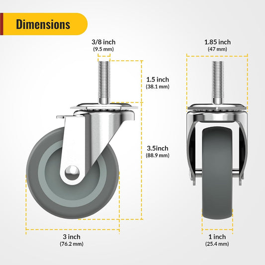 Caster Wheels 3 inch with No Brake Stem CastersThreaded Swivel Casters Set of 4 Heavy Duty Castors Grey