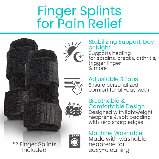 Finger Splint - Universal Finger Straightener - Broken and Trigger Finger Splints - Brace for Arthritis Pain and Support - Sprain Relief for Middle, Index, Ring, Pinky Fingers (Black)