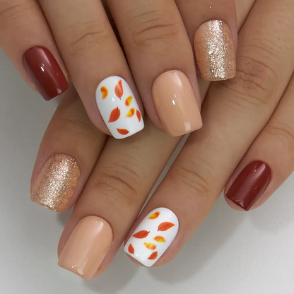 CurvLife 32-Piece Autumn Press-On Nails, Short Reusable Set