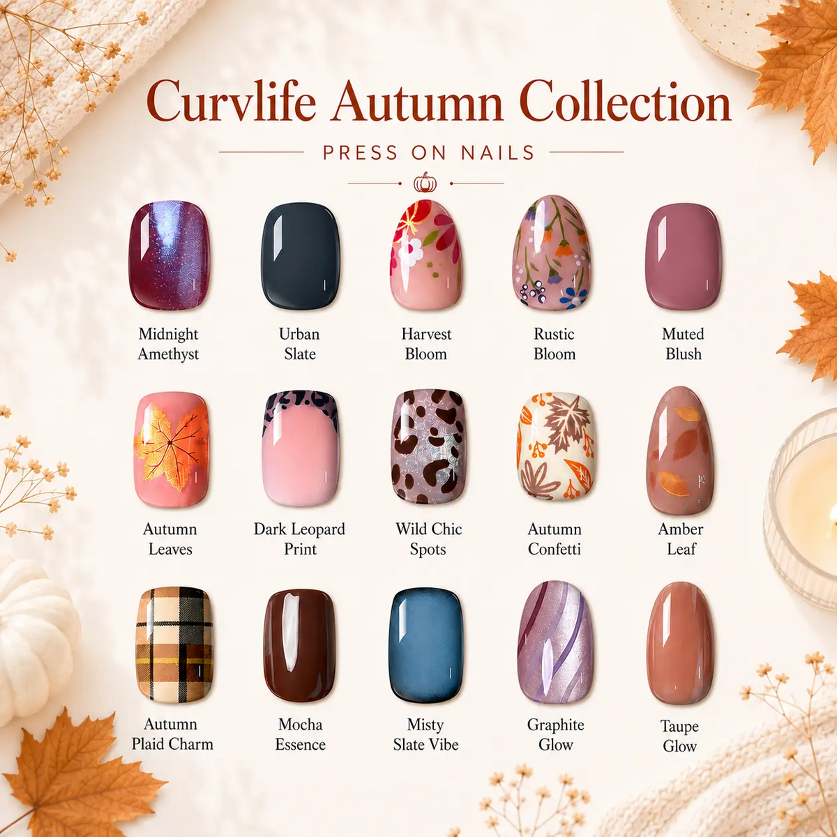 CurvLife 32-Piece Autumn Press-On Nails, Short Reusable Set