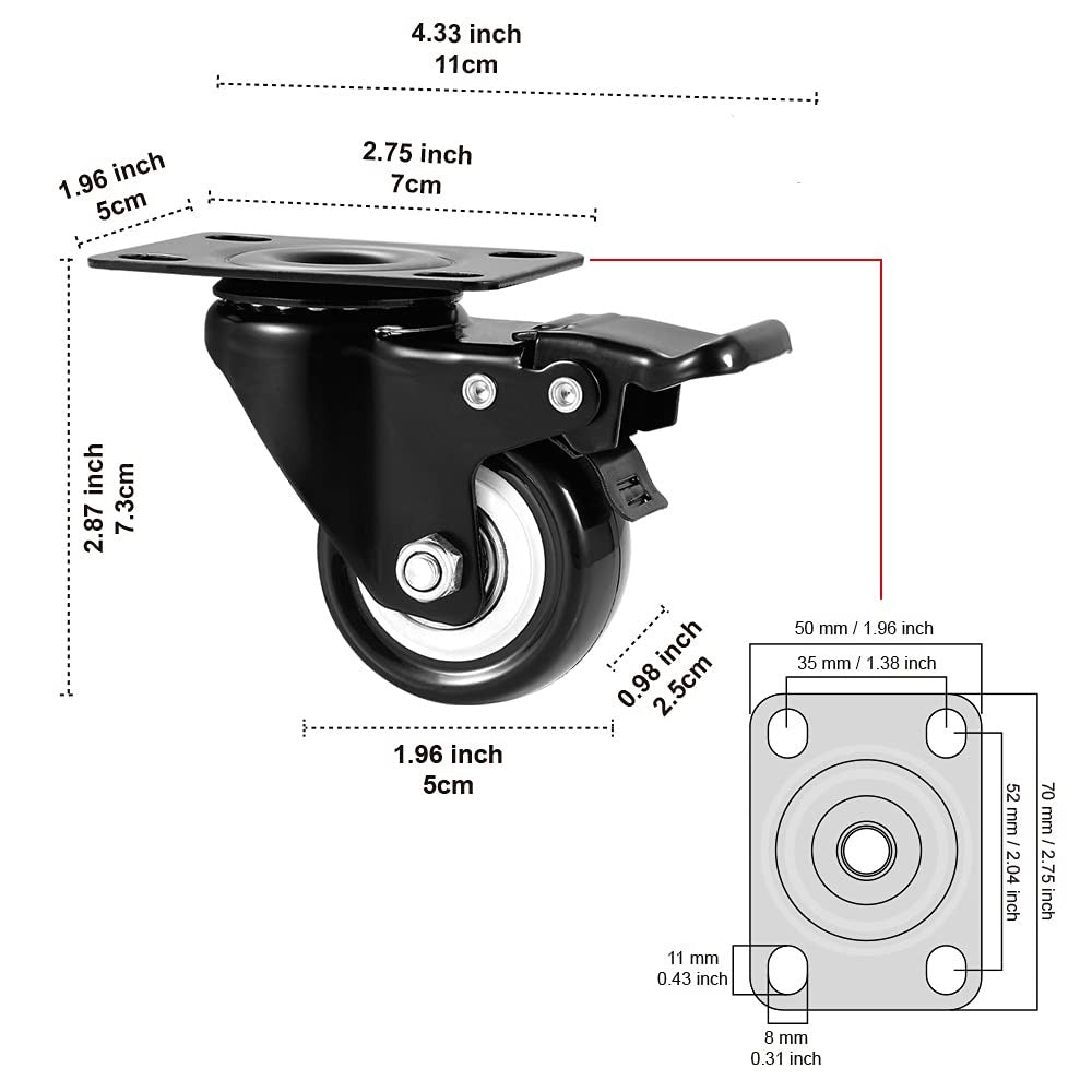 2" Caster Wheels Set of 4, Heavy Duty Casters with Brake
