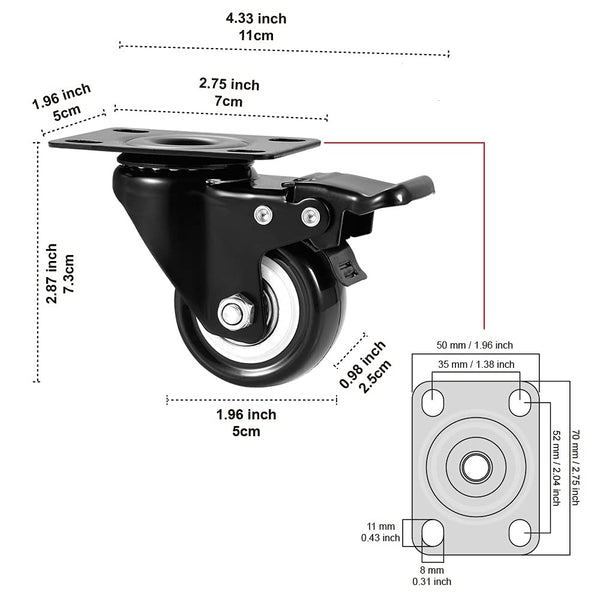 2" Caster Wheels Set of 4, Heavy Duty Casters with Brake