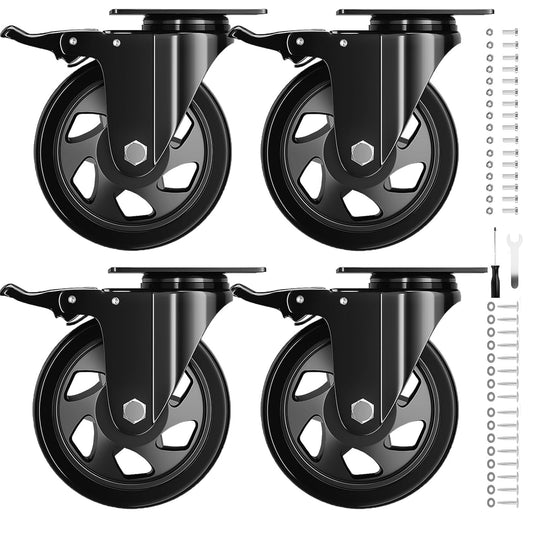 4 Inch Caster Wheels with Brake, Heavy Duty Casters Set of 4, Swivel Top Plate Casters with Double Ball Bearings