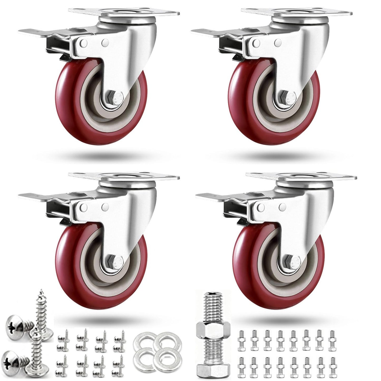 4 inch Casters Load 2400lbs -Includes 2 Sets of Adaptive Screws -Lockable Bearing Plate Heavy Duty Caster with Brakes