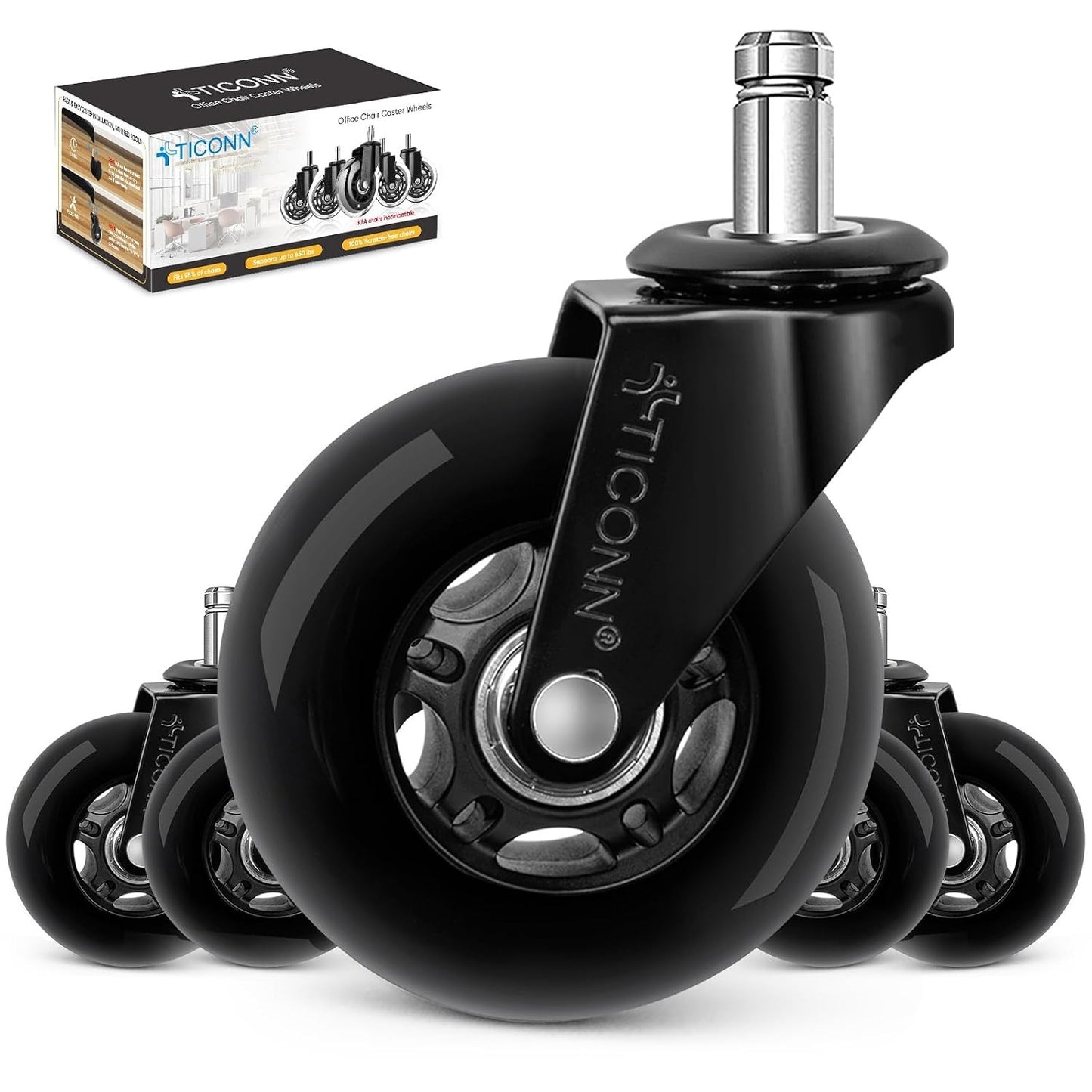 Office Chair Caster Wheels Set of 5 for Tile, Hardwood Floors and Carpets, Universal Fit for Most Chairs (Black)