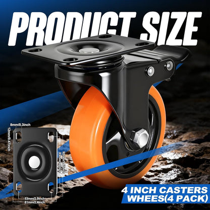 Caster Wheels, 4 Inch Caster Set of 4, Dual Locking PU Casters 2400LB, Swivel Casters for Furniture, Workbench & Tool Cart