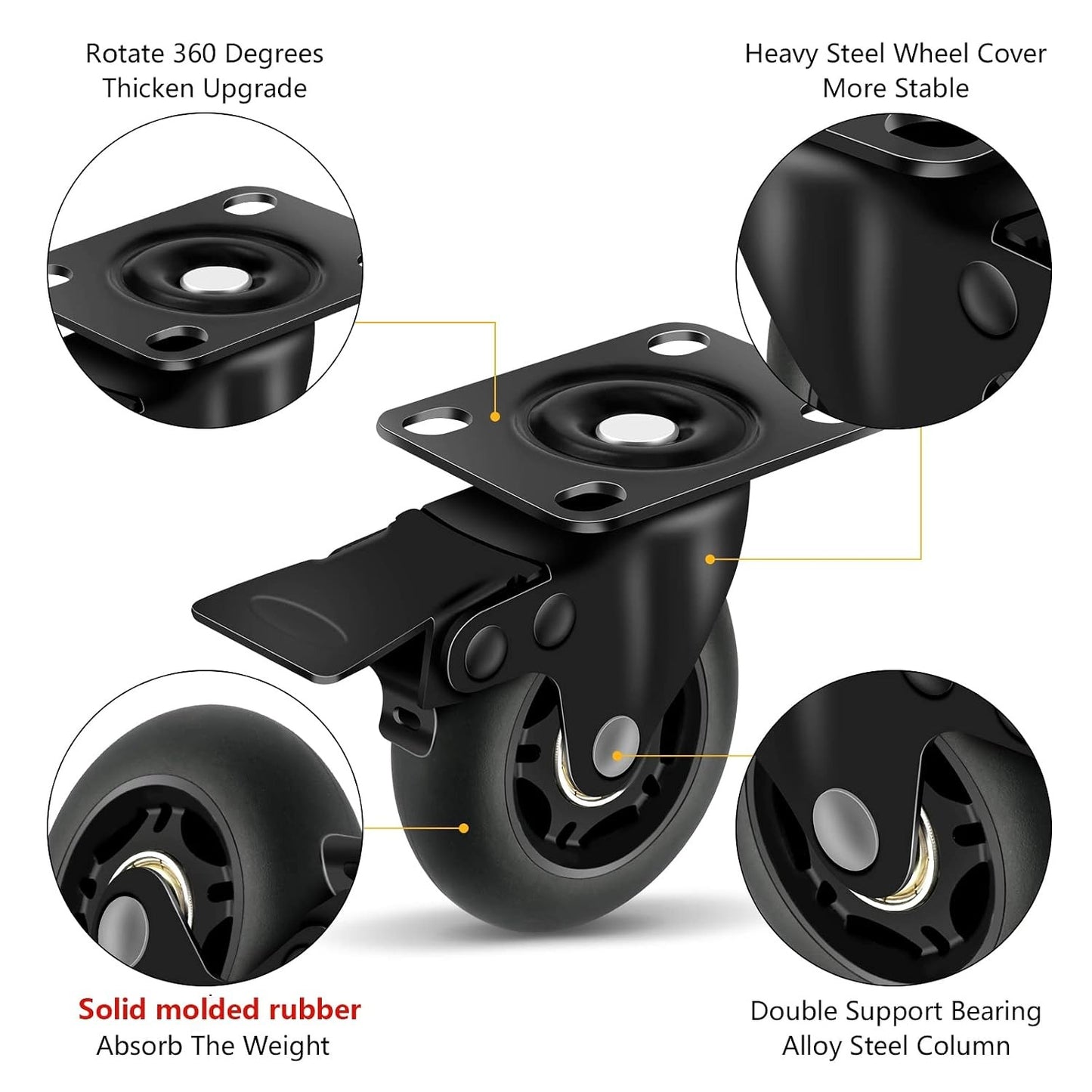 3" Casters Set of 4 ，4 Heavy Duty Quiet Casters, Max Load 2000LBS. Suitable to do Soft Wheels for cart