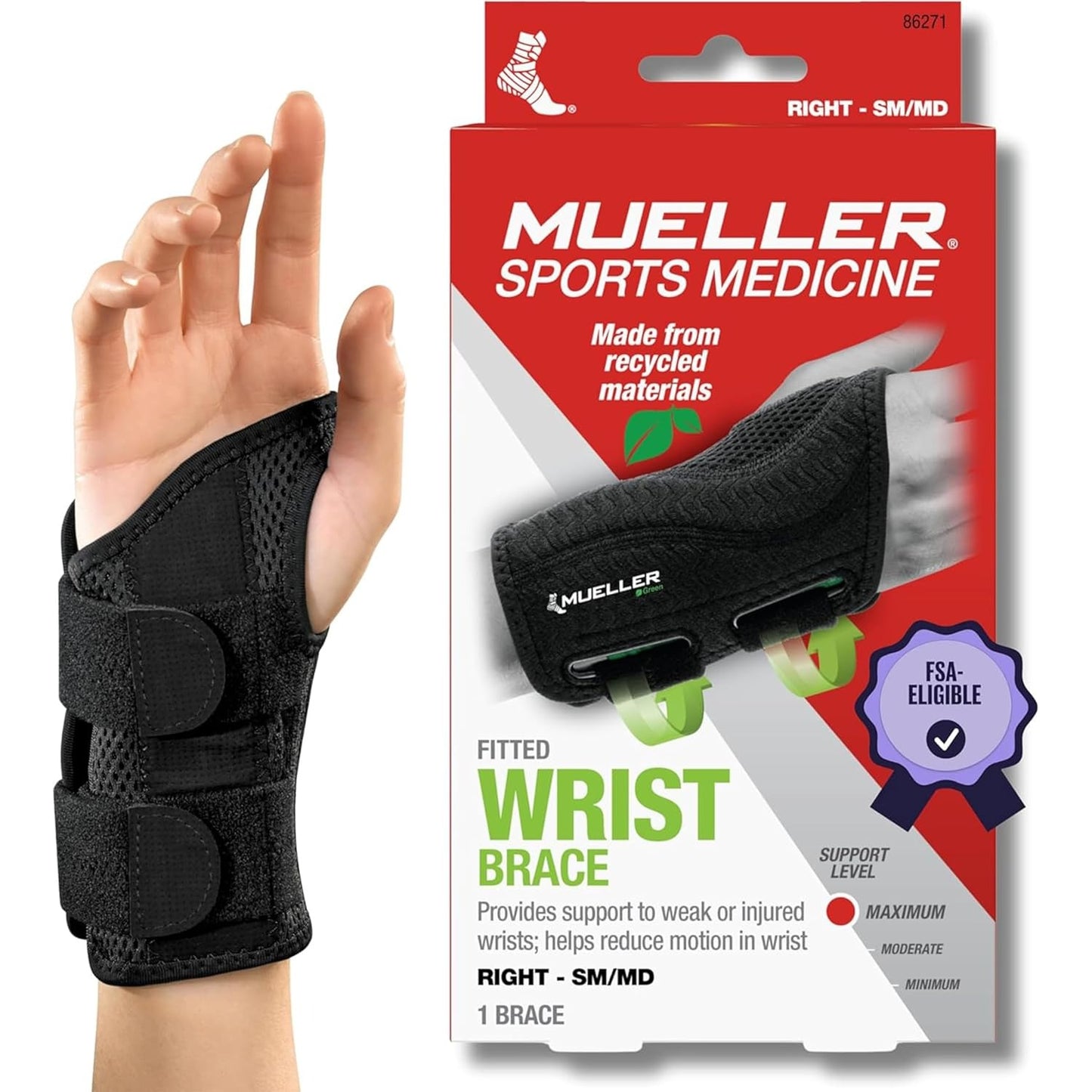 Green Fitted Wrist Brace for Men and Women, Wrist Pain Relief Support, Ideal for Carpal Tunnel, Tendonitis, Arthritis, Right Hand, Black