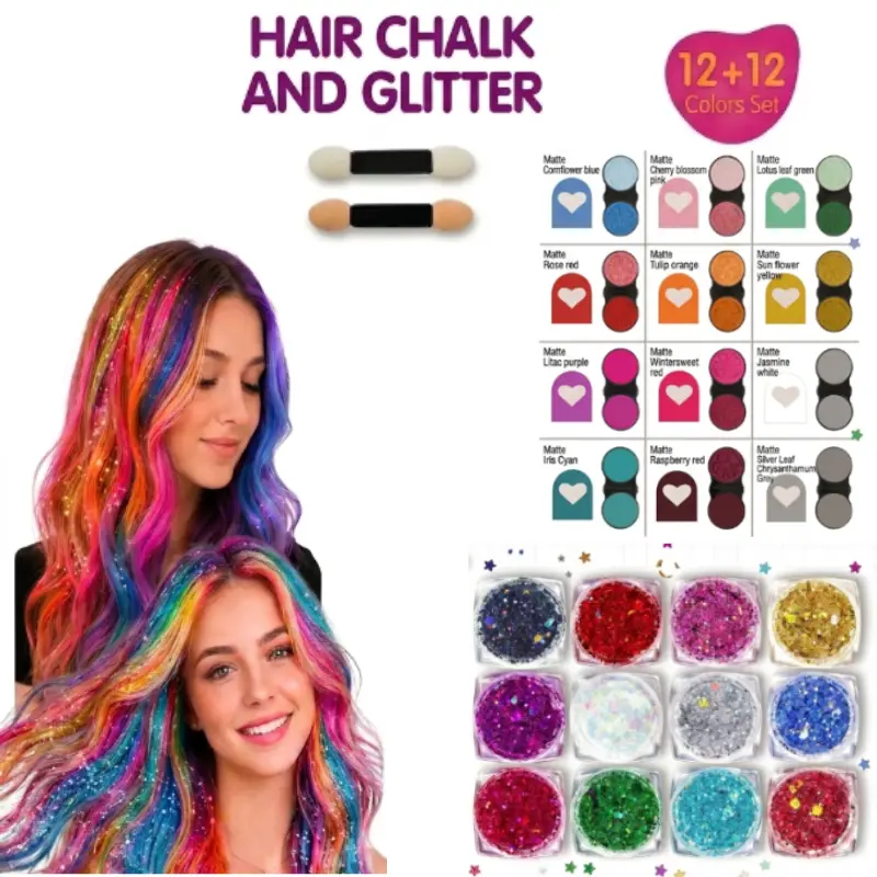 Temporary Hair Chalk & Glitter Set | Washable Color