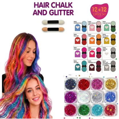 Temporary Hair Chalk & Glitter Set | Washable Color