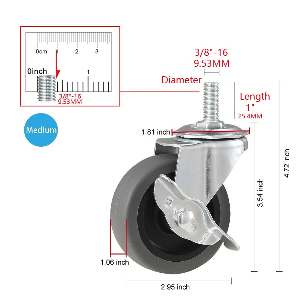 Caster Wheels, 3" Locking Swivel Stem Casters Set of 4