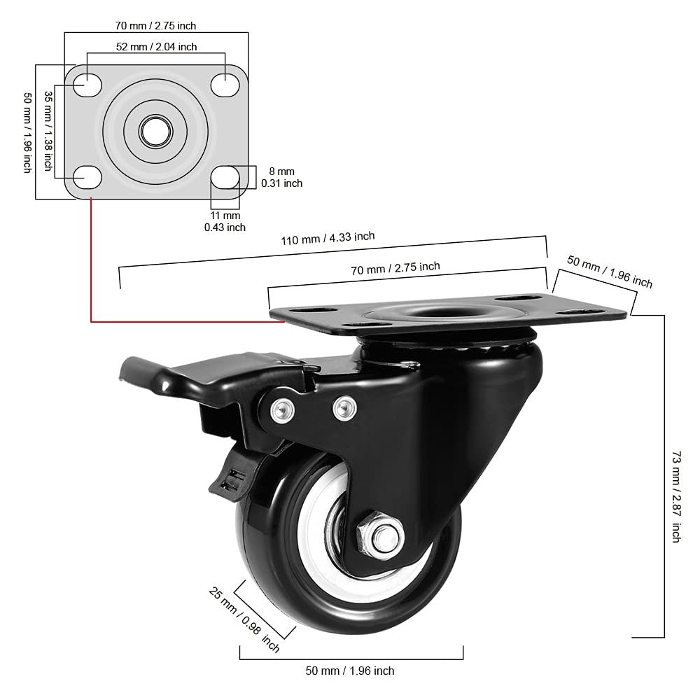 2" Swivel Casters Set of 4, Heavy Duty Locking Casters with Brakes