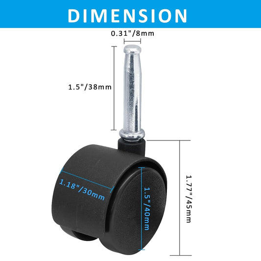 1.5 Inch Swivel Caster Wheels, M8 Grip Neck Stem, 4pcs | Heavy Duty