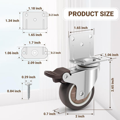 Side Mount Casters 2 Inch L-Shaped Small Rubber Caster Set of 4, Ball Bearing 360 Degree Plate Swivel Castors Wheel 600 LBS