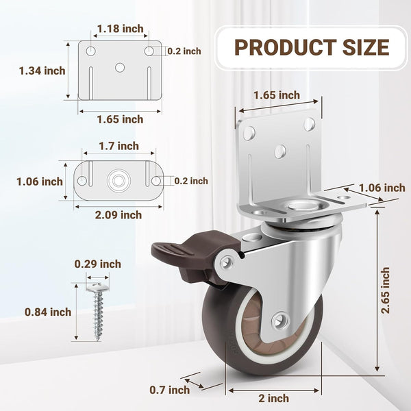 Side Mount Casters 2 Inch L-Shaped Small Rubber Caster Set of 4, Ball Bearing 360 Degree Plate Swivel Castors Wheel 600 LBS