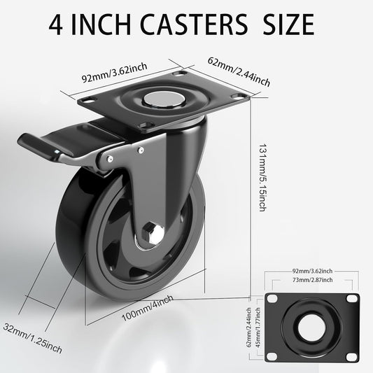 4 Inch Caster Wheels with Brake, Heavy Duty Casters Set of 4, Swivel Top Plate Casters with Double Ball Bearings