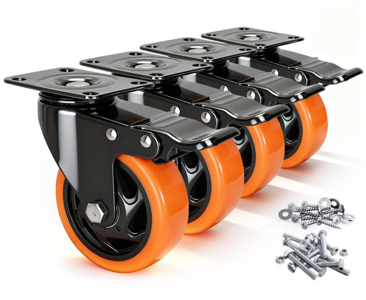 Caster Wheels, 4 Inch Caster Set of 4, Dual Locking PU Casters 2400LB, Swivel Casters for Furniture, Workbench & Tool Cart