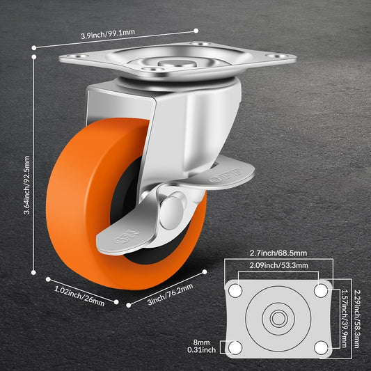 Caster Wheels, 3 Inch Casters Set of 4, Heavy Duty Caster with Brake, Locking Castors with Polyurethane Wheel