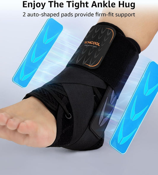 Slim-Fit Ankle Brace for Sprained Ankle, Quick Lace Up Ankle Support for Women Men with 2 Auto-Shaped Pads, Air Fabric Cool Ankle Stabilizer for Injury Recover, Running,Sports