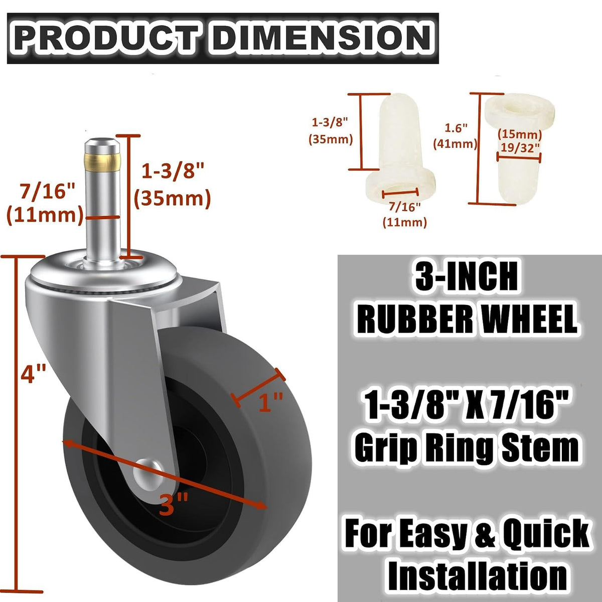 3-Inch Swivel Stem Caster for Rubbermaid Mop Bucket Utility Cart, 7/16-Inch Stem Diameter Rubber Wheel Set of 4