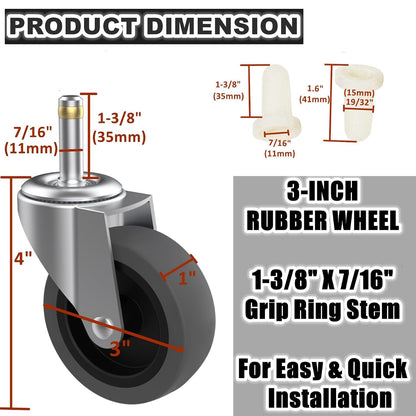 3-Inch Swivel Stem Caster for Rubbermaid Mop Bucket Utility Cart, 7/16-Inch Stem Diameter Rubber Wheel Set of 4