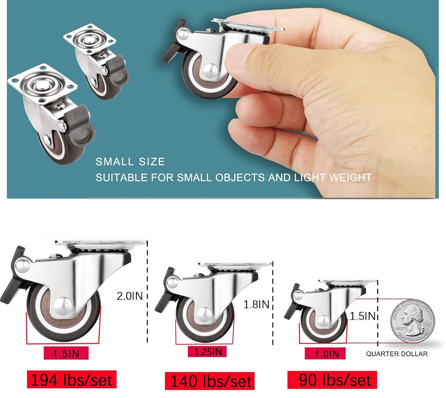 Small Caster Wheels 1 Inch, Low Profile 360 Degree Swivel Casters Set of 4