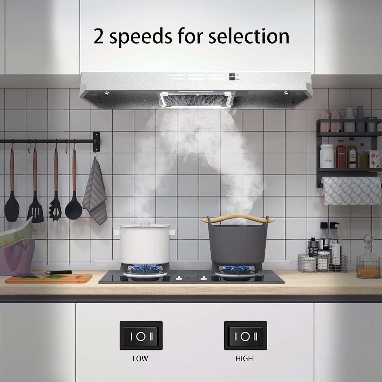 30 inch Range Hood Ducted/Ductless Convertible Stainless Steel Range Hood Under Cabinet with Rocker Button Control,Vent Hood with LED Light,2 Speed Exhaust Fan,Under Cabinet Hood,Silver