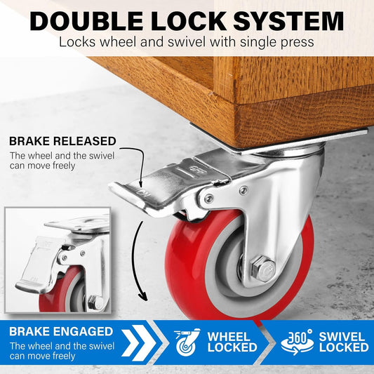 4 Inch Caster Wheels Heavy Duty Casters Set of 4 (2200lbs Load Capacity) Lockable Cart Wheels with Brakes, 360 Degree Rotatable