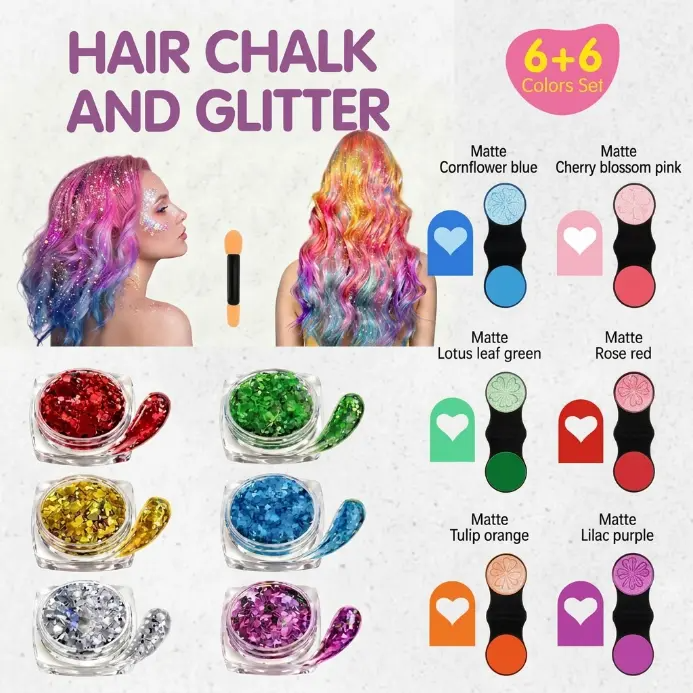 Temporary Hair Chalk & Glitter Set | Washable Color