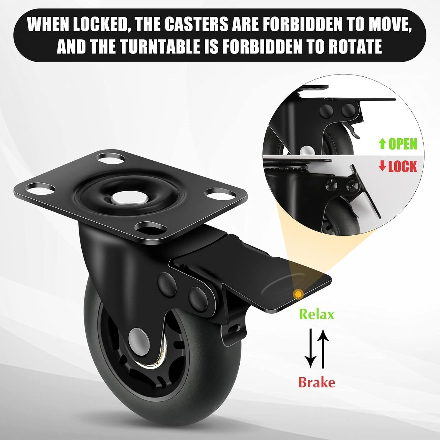 3" Casters Set of 4 ，4 Heavy Duty Quiet Casters, Max Load 2000LBS. Suitable to do Soft Wheels for cart