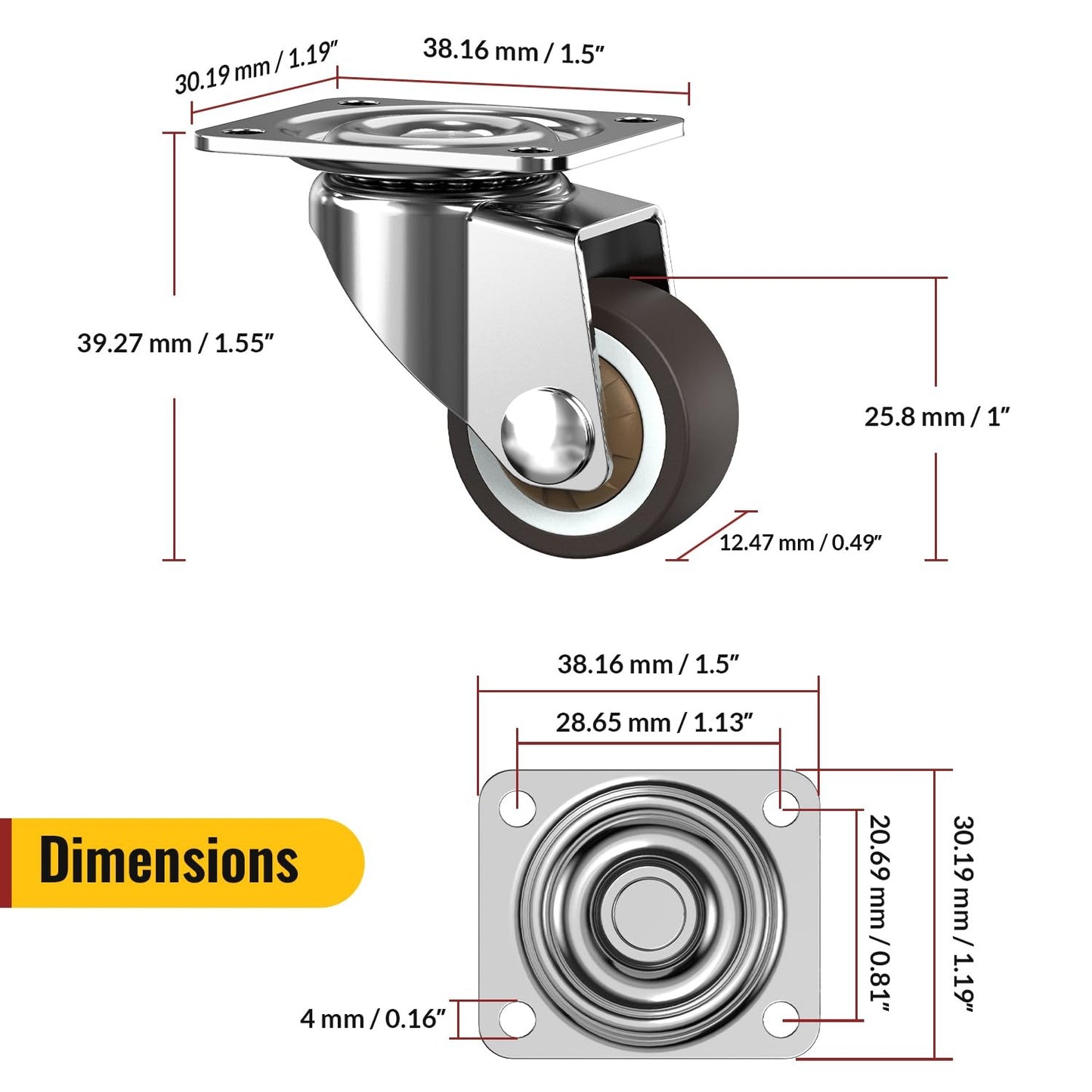 1 inch Small Caster Wheels for Furniture Low Profile Casters Set of 4