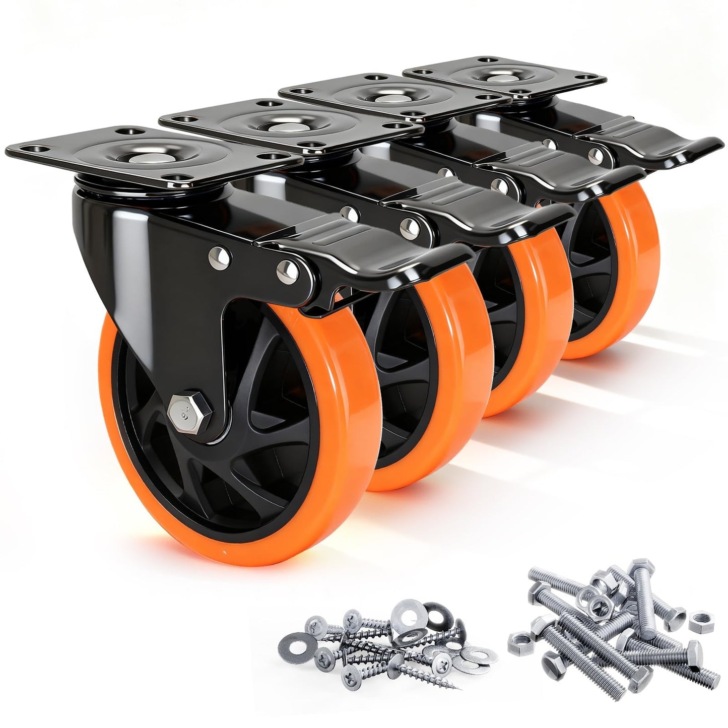 Caster Wheels, 4 Inch Caster Set of 4, Dual Locking PU Casters 2400LB, Swivel Casters for Furniture, Workbench & Tool Cart