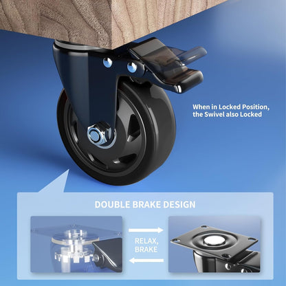 4 Inch Caster Wheels with Brake, Heavy Duty Casters Set of 4, Swivel Top Plate Casters with Double Ball Bearings