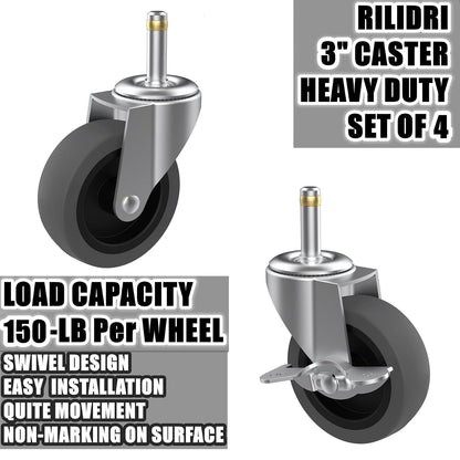 3-Inch Swivel Stem Caster for Rubbermaid Mop Bucket Utility Cart, 7/16-Inch Stem Diameter Rubber Wheel Set of 4