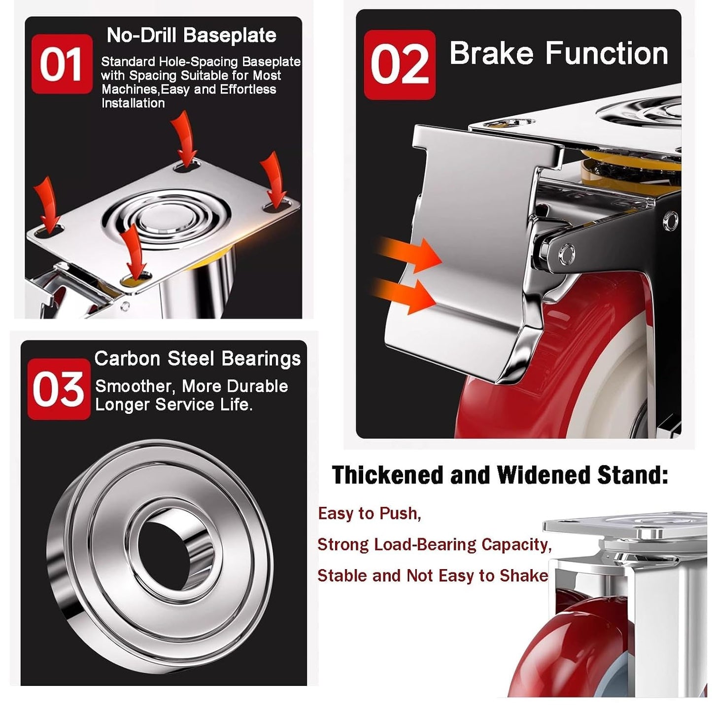 4 inch Casters Load 2400lbs -Includes 2 Sets of Adaptive Screws -Lockable Bearing Plate Heavy Duty Caster with Brakes