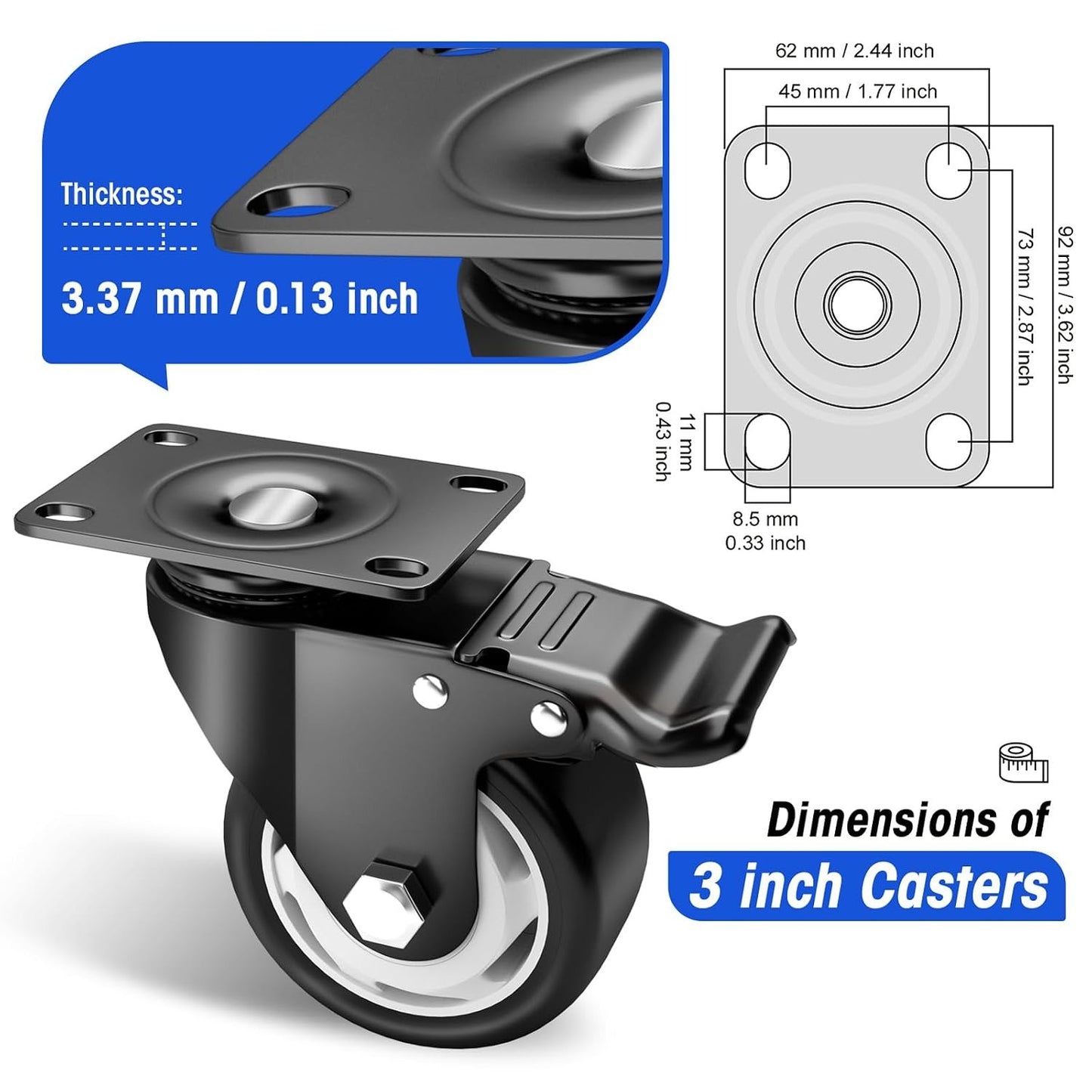 Caster Wheels - 3 Inch Casters Set of 4 Heavy Duty