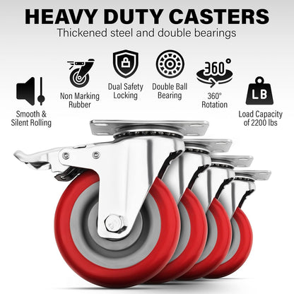 4 Inch Caster Wheels Heavy Duty Casters Set of 4 (2200lbs Load Capacity) Lockable Cart Wheels with Brakes, 360 Degree Rotatable