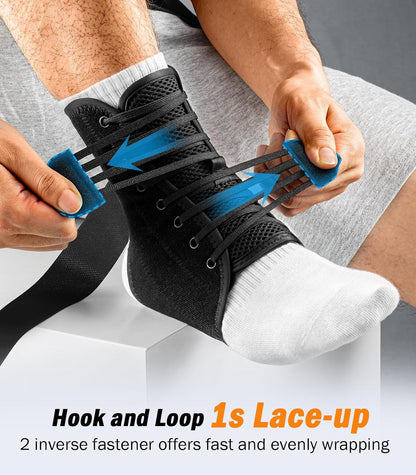 Slim-Fit Ankle Brace for Sprained Ankle, Quick Lace Up Ankle Support for Women Men with 2 Auto-Shaped Pads, Air Fabric Cool Ankle Stabilizer for Injury Recover, Running,Sports