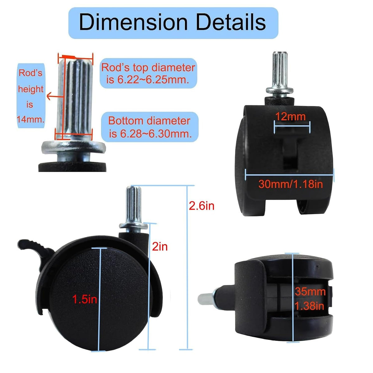 Swivel Caster Wheels 4 Pack 1.5 Inch Locking Casters with 6.25mm Diameter Straight-line Stem