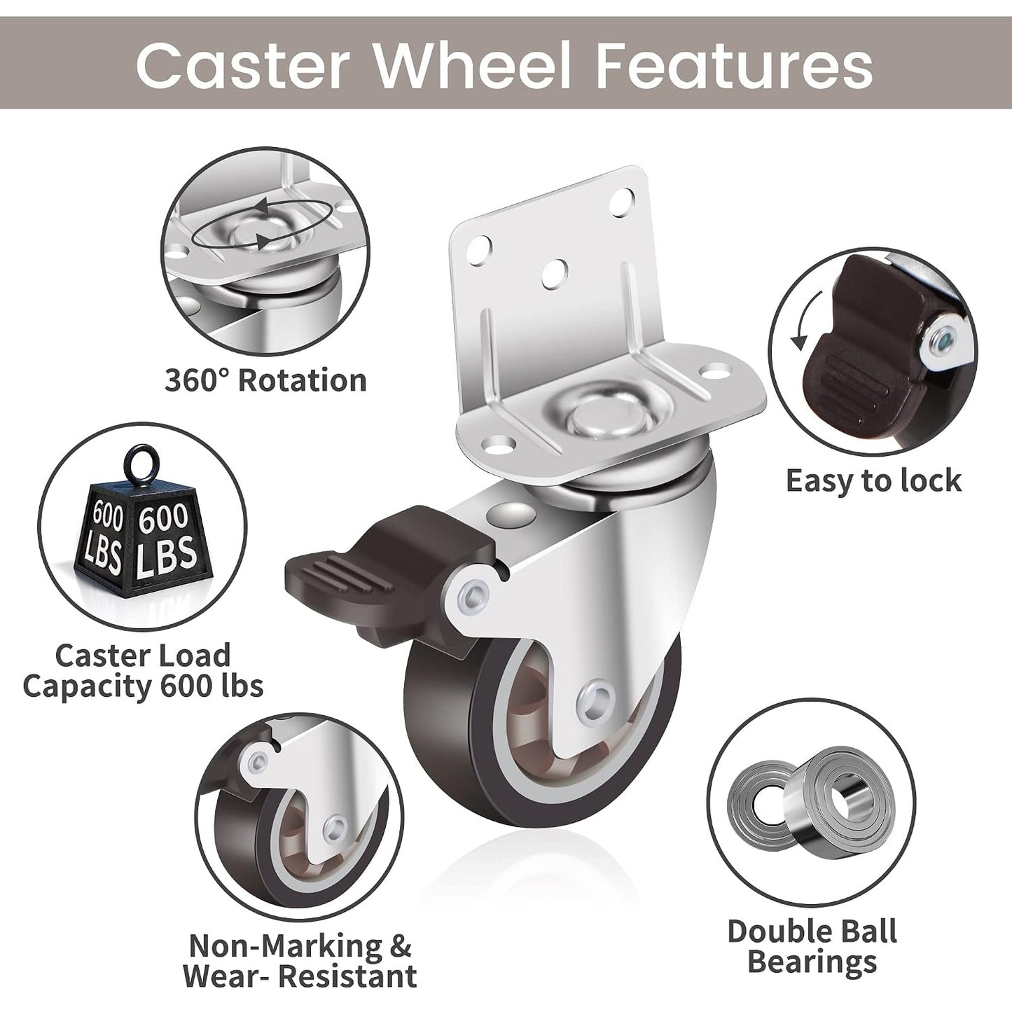 Side Mount Casters 2 Inch L-Shaped Small Rubber Caster Set of 4, Ball Bearing 360 Degree Plate Swivel Castors Wheel 600 LBS