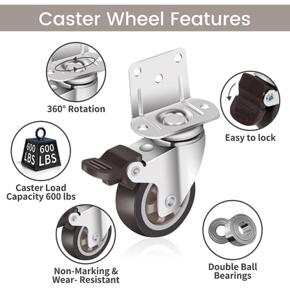 Side Mount Casters 2 Inch L-Shaped Small Rubber Caster Set of 4, Ball Bearing 360 Degree Plate Swivel Castors Wheel 600 LBS