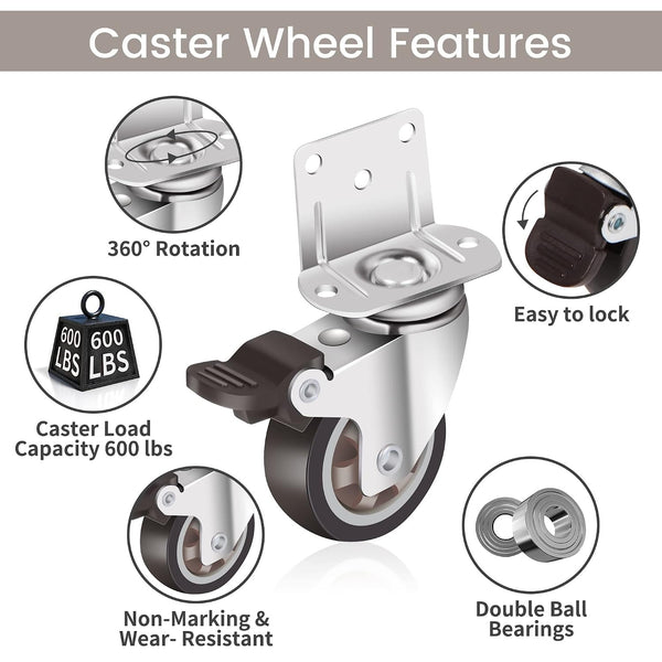 Side Mount Casters 2 Inch L-Shaped Small Rubber Caster Set of 4, Ball Bearing 360 Degree Plate Swivel Castors Wheel 600 LBS