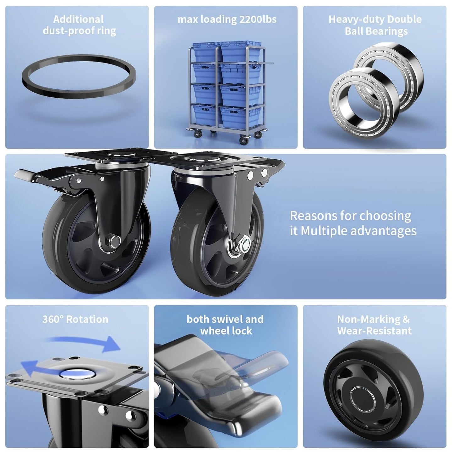 4 Inch Caster Wheels with Brake, Heavy Duty Casters Set of 4, Swivel Top Plate Casters with Double Ball Bearings