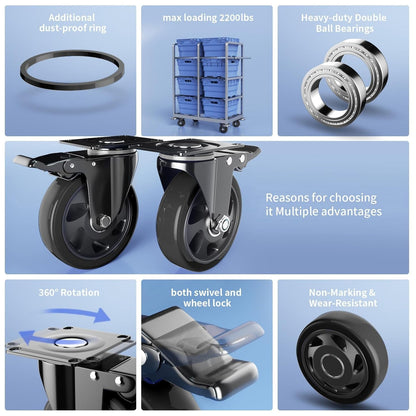 4 Inch Caster Wheels with Brake, Heavy Duty Casters Set of 4, Swivel Top Plate Casters with Double Ball Bearings