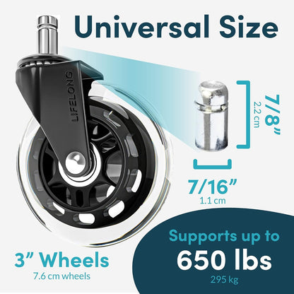 Original Office Chair Wheels  Replacement Rubber Chair Casters for Hardwood Floors and Carpet