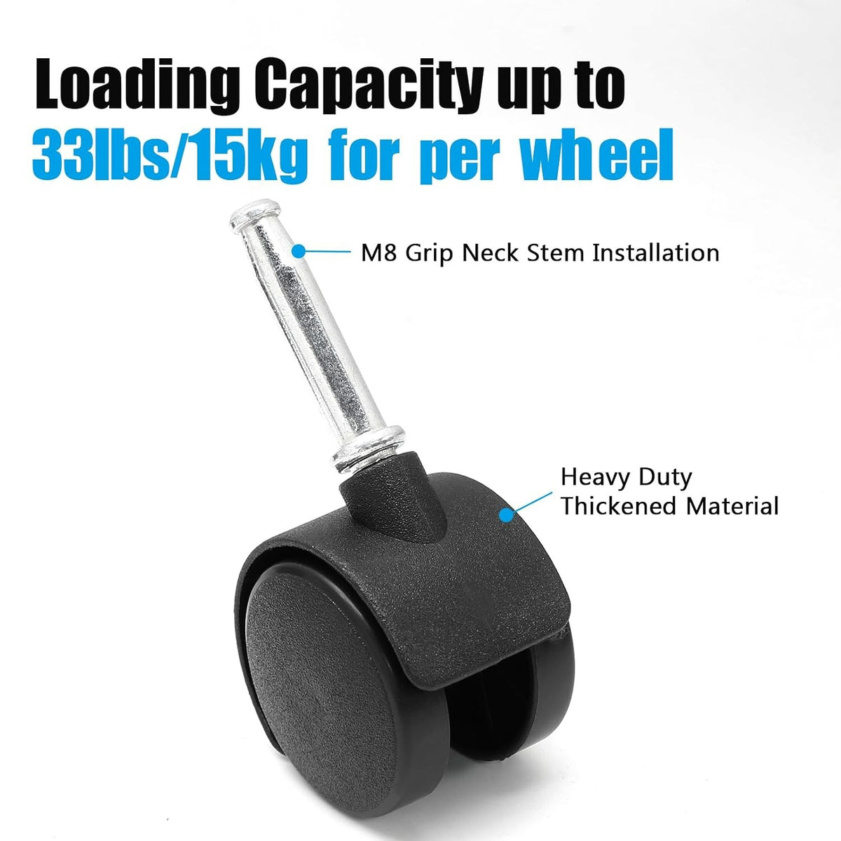 1.5 Inch Swivel Caster Wheels, M8 Grip Neck Stem, 4pcs | Heavy Duty