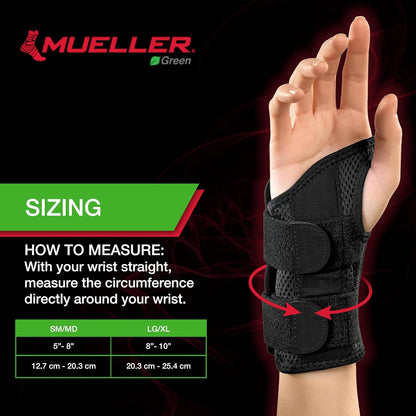 Green Fitted Wrist Brace for Men and Women, Wrist Pain Relief Support, Ideal for Carpal Tunnel, Tendonitis, Arthritis, Right Hand, Black