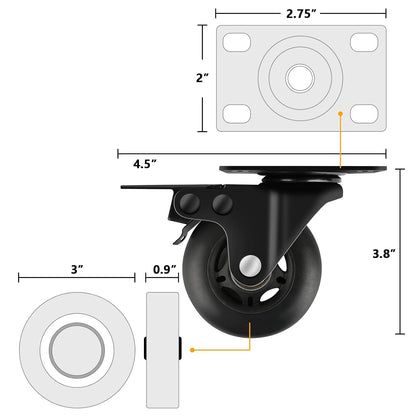 3" Casters Set of 4 ，4 Heavy Duty Quiet Casters, Max Load 2000LBS. Suitable to do Soft Wheels for cart