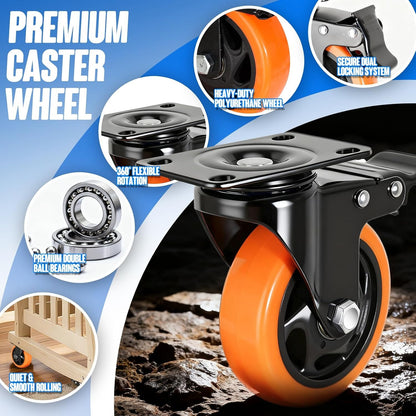 Caster Wheels, 4 Inch Caster Set of 4, Dual Locking PU Casters 2400LB, Swivel Casters for Furniture, Workbench & Tool Cart