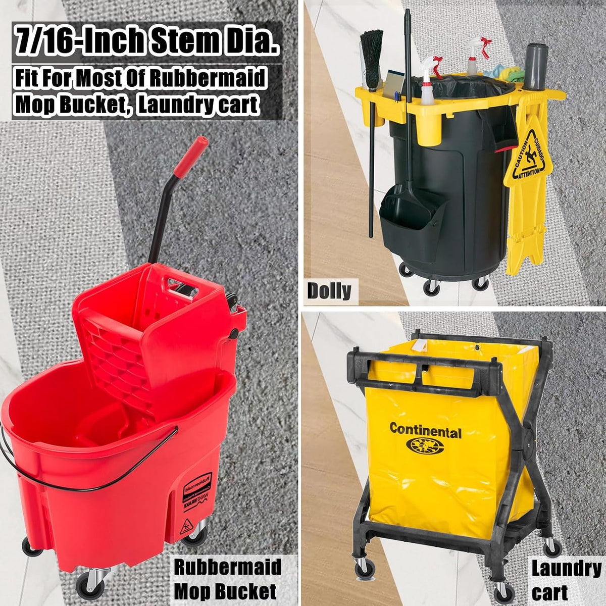 3-Inch Swivel Stem Caster for Rubbermaid Mop Bucket Utility Cart, 7/16-Inch Stem Diameter Rubber Wheel Set of 4